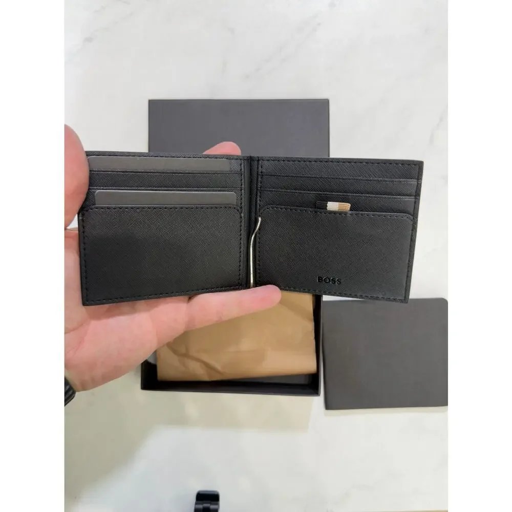 NWT BOSS Structured Folding Wallet w/ Money Clip, Black, $120 MSRP